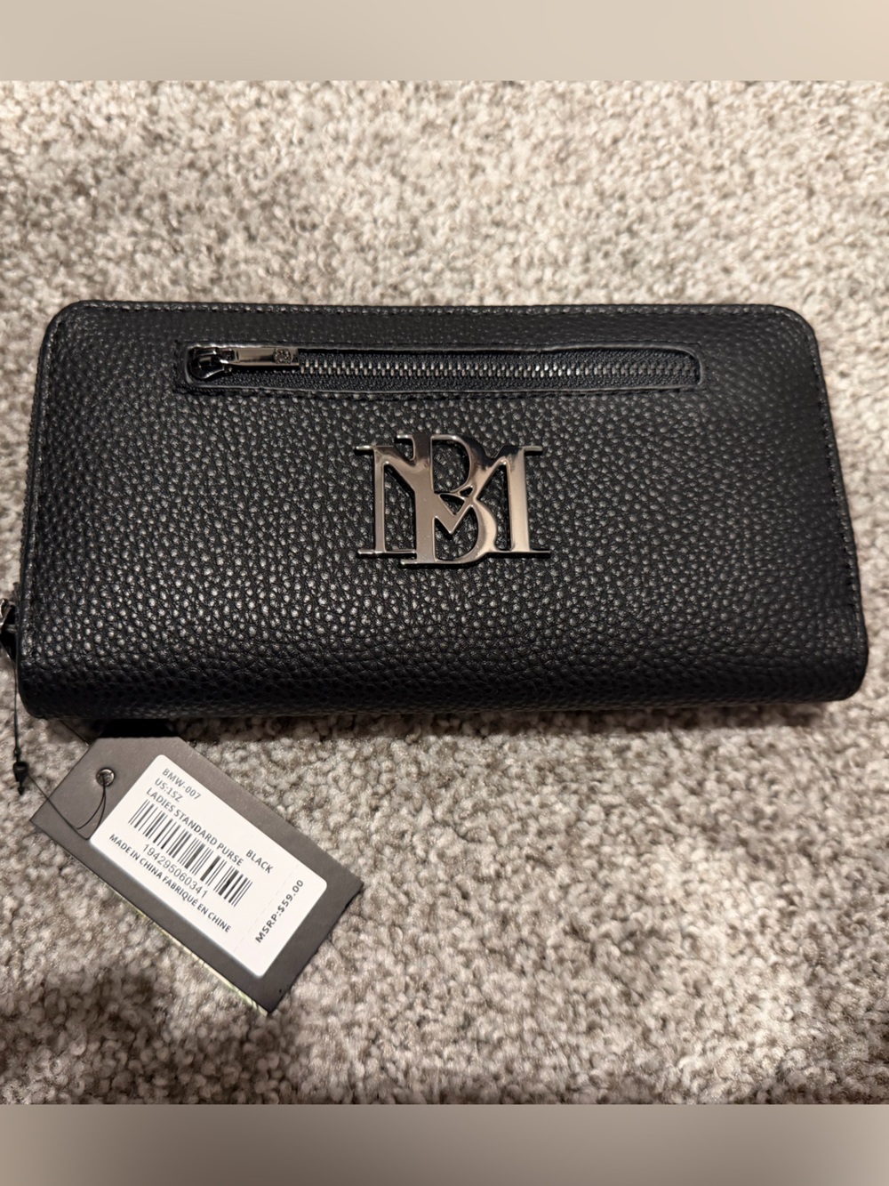 Badgley Mischka Black Pebbled Leather Zip-Around Wallet